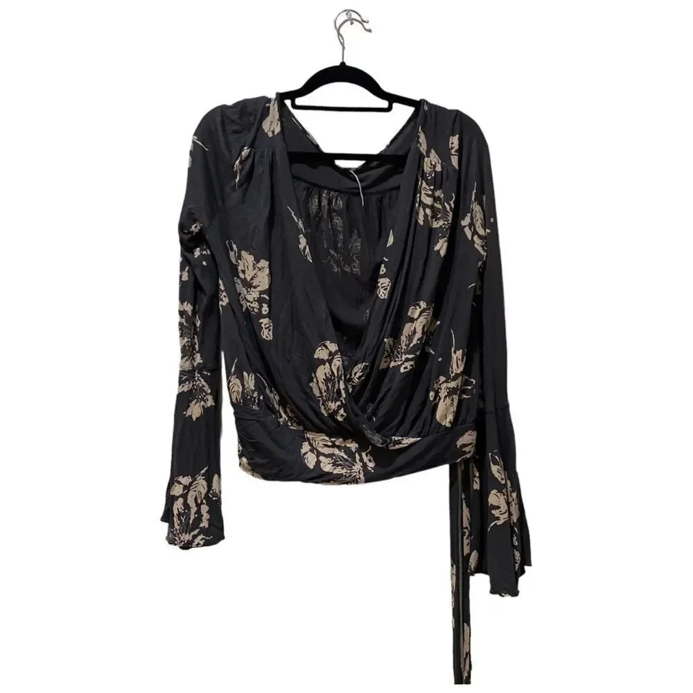 #840 FREE PEOPLE Fiona Black Tan Floral Wrap Blouse w Tie Waist, Bell Sleeves